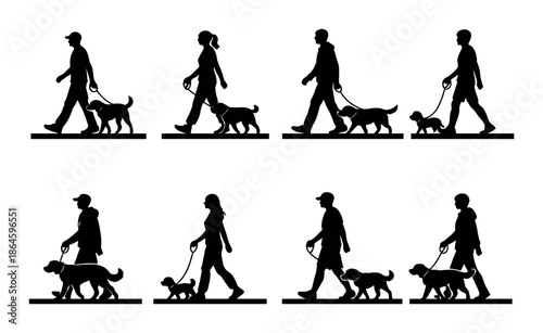 Silhouettes of people walking dogs: male, female, adult, caucasian, pets