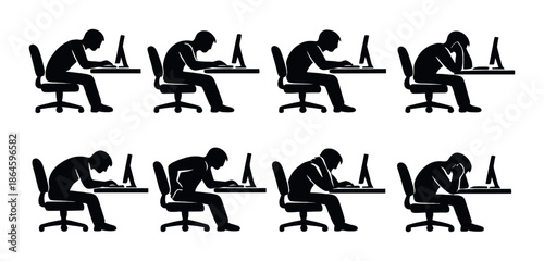 Silhouette of male figures at computers displaying different emotional states