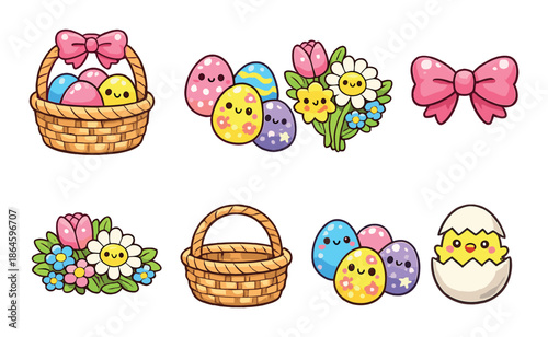 Colorful easter basket and eggs with cute floral arrangements and decorations
