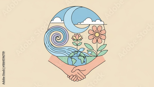 A symbolic illustration of two hands holding the Earth, surrounded by natural elements like flowers, a crescent moon, and a swirling wave, inside a circular frame.