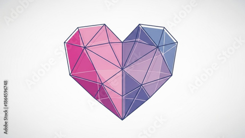 A modern and artistic heart graphic designed with a vibrant polygonal, crystalline structure in shades of pink, blue, and purple.