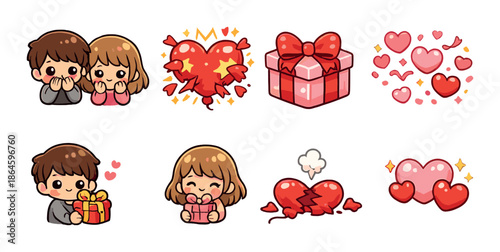 Cute cartoon couples and gift boxes with hearts and emotions
