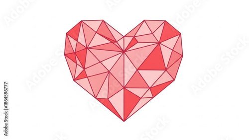 A modern and artistic heart graphic designed with a vibrant polygonal, crystalline structure in shades of red and pink.