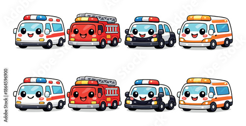 Cute cartoon emergency vehicles collection with smiling faces