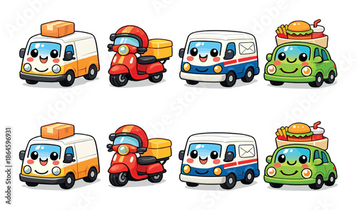 Cute cartoon delivery vehicles with happy faces: van, scooter, mail truck, food car