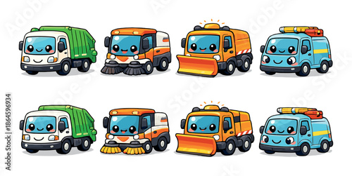 Cute cartoon service trucks: garbage, street sweeper, snow plow, ambulance vehicles