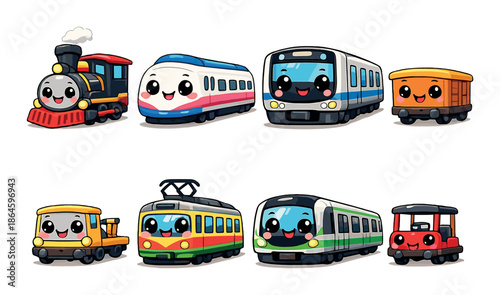 Cute cartoon trains with happy faces in various styles and colors
