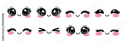 Cute kawaii style facial expressions with blushing cheeks and big eyes