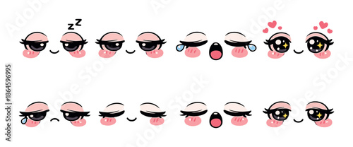 Cute kawaii cartoon eyes with various expressions on blurred background