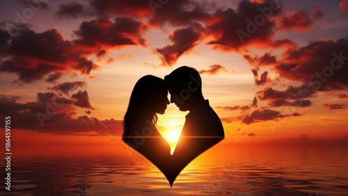 A silhouetted couple lovingly faces each other within a heart-shaped frame created by clouds during a fiery sunset over water.