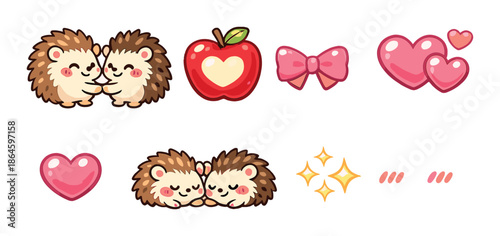 Cute hedgehogs with hearts and apples in a playful cartoon design