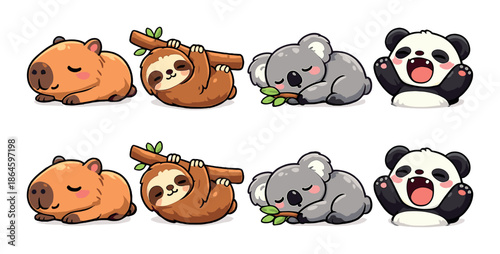 Cute cartoon animals sleeping and yawning - capybara, sloth, koala, panda
