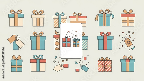 Numerous stylized gift boxes and price tags surround a smartphone displaying gift-related elements, symbolizing online shopping and delivery.