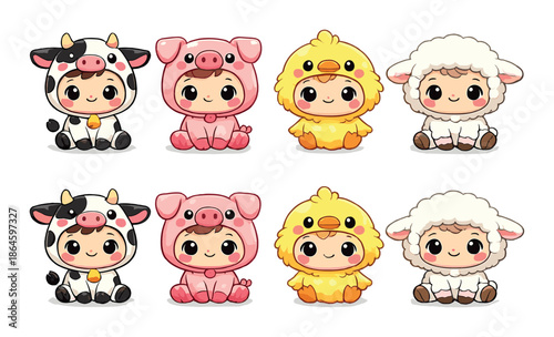 Cute chibi characters in animal costumes: cow, pig, chick, sheep