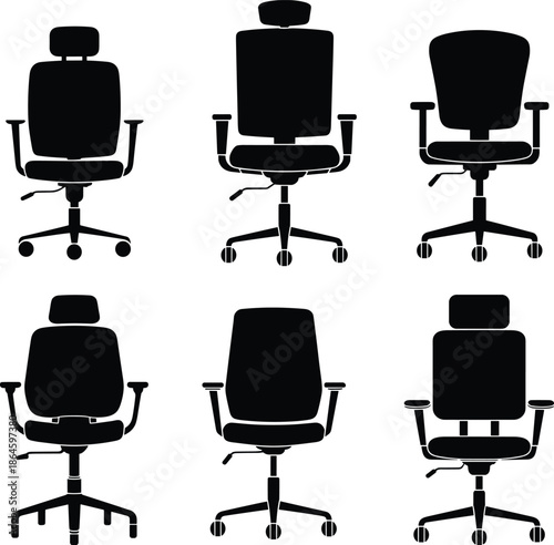 Office chair silhouettes collection, modern ergonomic swivel seating set, black vector illustration of workplace furniture isolated on white background