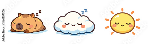 Cute kawaii characters: sleeping bear, cloud, and sun with smiling faces