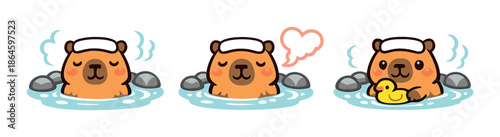 Cute cartoon capybara relaxing in hot springs with heart and duck companion