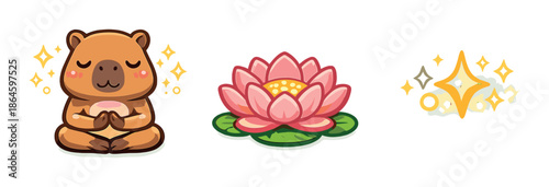Cute meditating bear with lotus flower and glowing star illustration