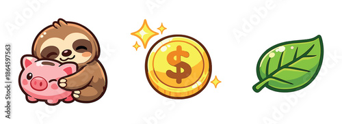 Cute sloth hugging piggy bank with gold coin and green leaf icons