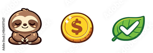Cute sloth with coin and leaf checkmark on gradient background