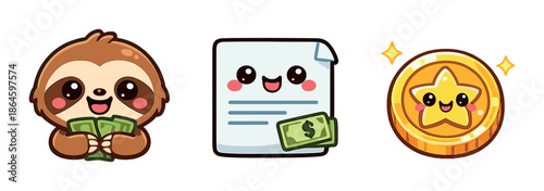 Cute kawaii sloth counting money with document and shining star coin