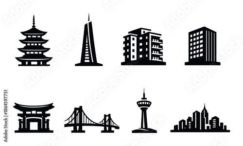 Silhouette set of iconic buildings and structures in minimalist style