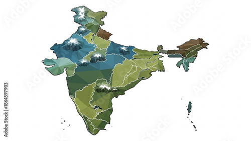 Illustrative map of india with diverse landscapes and mountain ranges across different regions with geography and travel and tourism and education