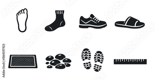 Footwear and measurement icons: socks, shoes, sandals, mats, pebbles, footprints, ruler