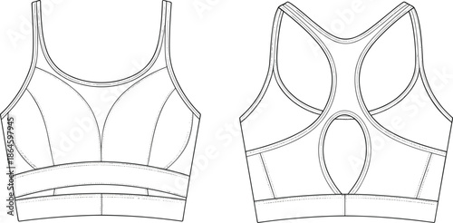 Women’s sports bra front and back view outline illustration for activewear fashion design and apparel templates