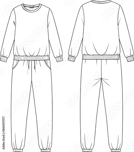 Sweatshirt and jogger pants set front and back view outline illustration for sportswear and casual fashion design