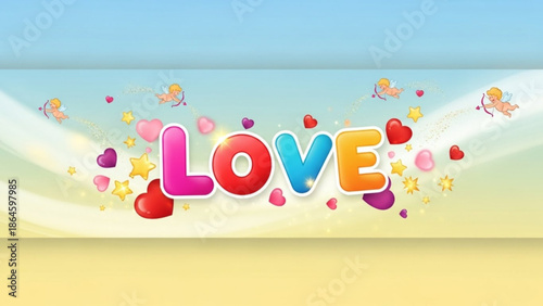 A playful and vibrant graphic spelling out 'LOVE' in colorful bubble letters, surrounded by hearts, stars, and tiny Cupids.