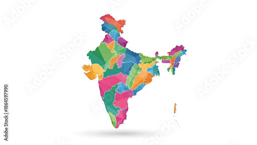 Vibrant illustration of india map with colorful states on white background for geographic and educational purposes with geography and travel