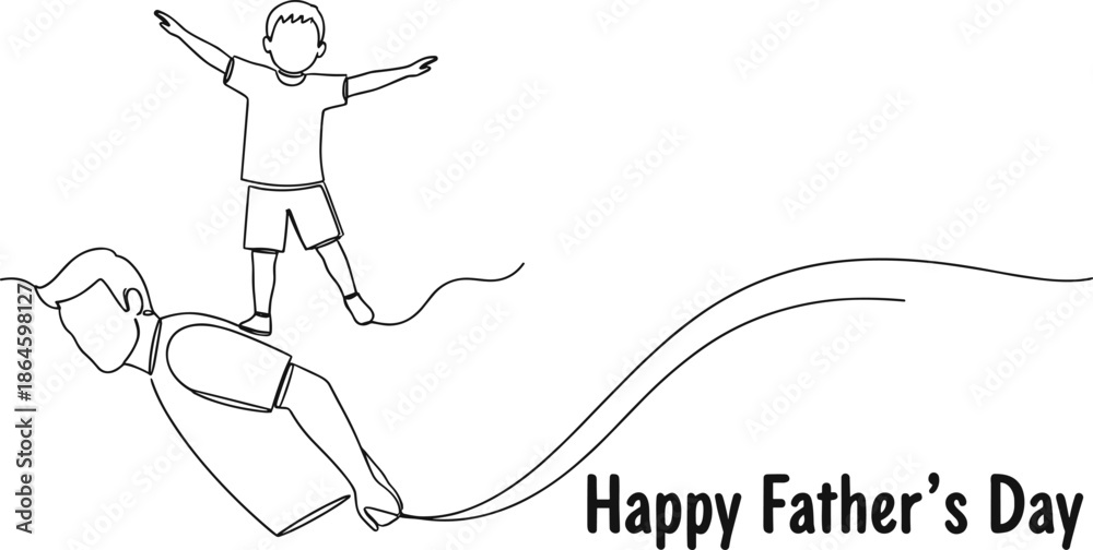 Fototapeta premium Happy Father’s Day minimalist line art illustration of father flying kite with child isolated on white background