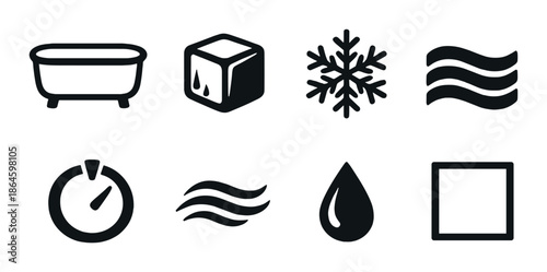 Minimalist black bathroom and temperature icons on grey background