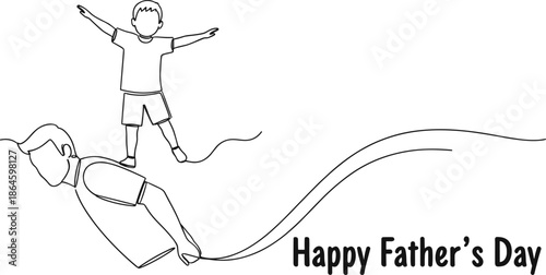 Happy Father’s Day minimalist line art illustration of father flying kite with child isolated on white background