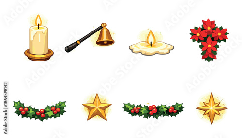 Festive christmas icons with candle, bell, poinsettia, holly, and stars