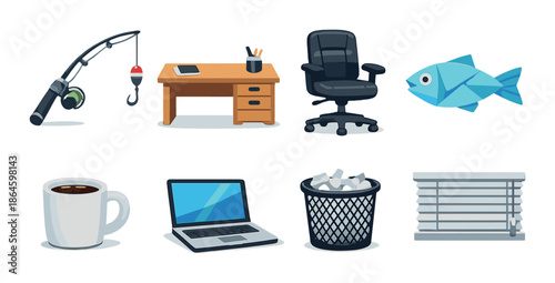 Cartoon office accessories with fishing rod, laptop, and origami fish