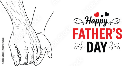 Happy Father’s Day illustration with father and child holding hands and decorative typography isolated on white background