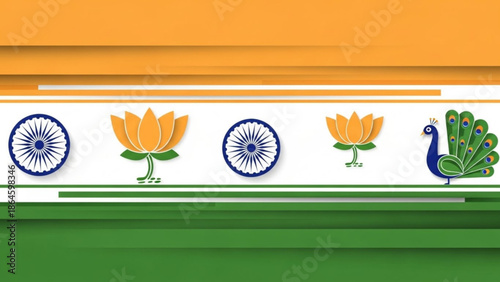 Indian national symbols, peacock, lotus flowers and wheel on saffron, white and green background, representing culture and patriotism with nationalism
