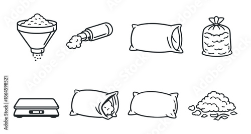 Process of packaging rice with funnel, sealing, filling, and weighing techniques