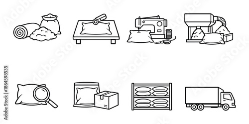 Pillow manufacturing process icons set: sewing, packaging, transport