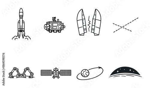 Space exploration icons: rocket, satellite, orbit, earth, stars