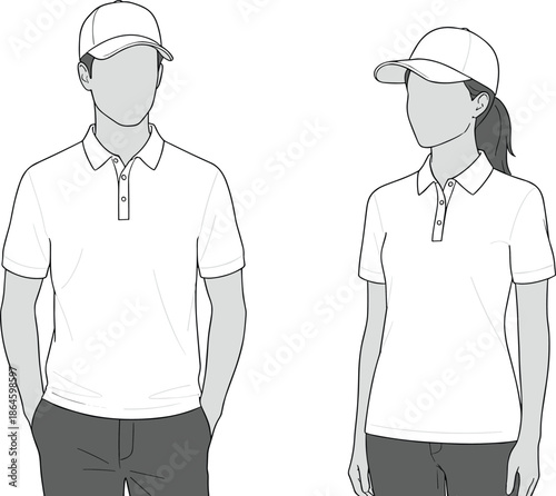 Male and female models wearing white polo shirts and baseball caps, casual uniform illustration