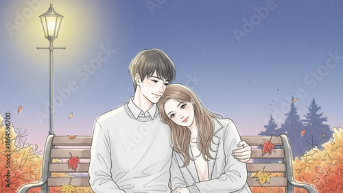 An affectionate illustrated couple sits closely on a park bench during a beautiful autumn evening with falling leaves.