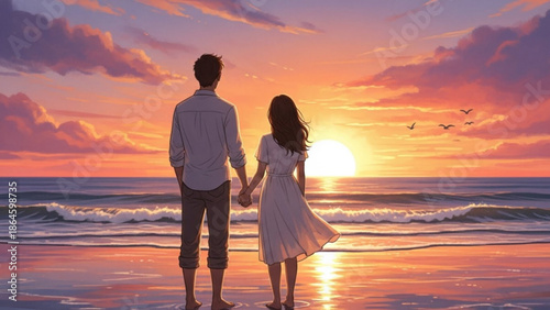 An illustrated romantic couple holding hands stands on a sandy beach looking at a beautiful ocean sunset together.