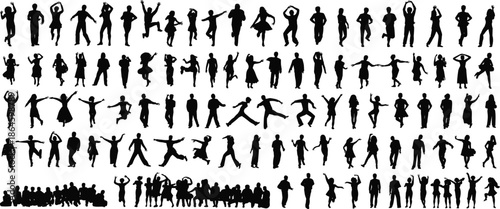 People silhouette collection showing diverse human poses and activities, black vector figures set, crowd lifestyle concept on white background
