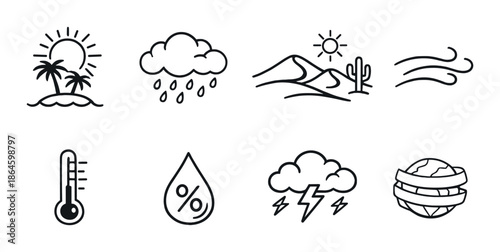 Climate icons: sun, storm, rain, clouds, earth, temperature, desert, wind