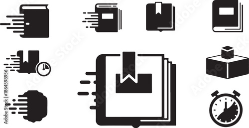 Black and white icons of documents and time management