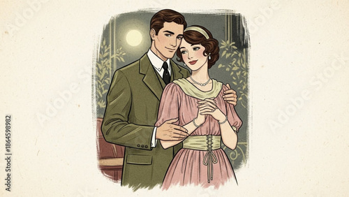 A vintage illustration shows a formally dressed elegant couple embracing warmly in a softly lit, classic interior setting.