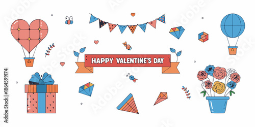 Festive valentine s day illustrations with hearts gifts and a hot air balloon